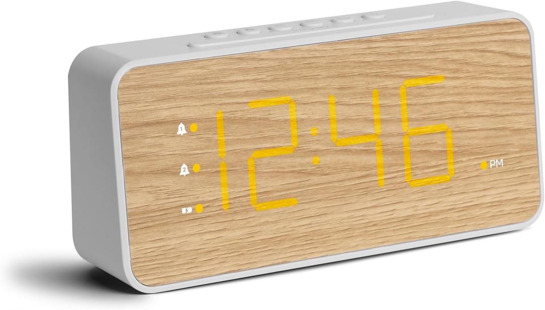 Wooden Digital Alarm Clock for Bedroom, Large Display, 100dB Alarm | Wood grain bedside clock, 1.8 in display, dual alarm, USB-C/USB-A charging, dimmable display, battery backup, easy setup