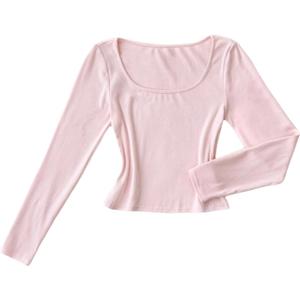 Girl's Long Sleeve Cropped T Shirts Square Neck Tee Slim Fitted Casual Basic Tops (Pink)