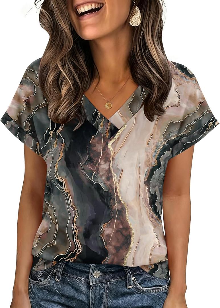 Zeagoo Womens Summer Tops Rolled Short Sleeve V Neck Shirts Casual Dressy Business Work Blouses Outfits, XL