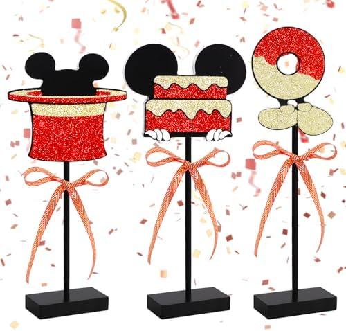 BAOOOFUL Red Gold Glitter Centerpieces for Mouse Theme Birthday Decorations,Wooden Signs Red Mouse Table Topper,Birthday Table Decorations for B-Day Party Decor and Party Favor(3 Pcs)