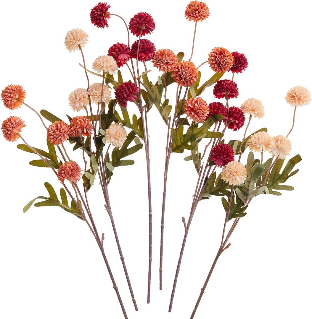 SITUMEIZI Faux Silk Pompon Mum Artificial Burnt Orange Flowers Fake Mini Chrysanthemum Flowers Mums 6Pcs for Home Party Wedding Decorations
