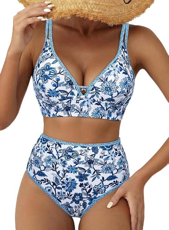 Herseas Women's High Waisted Bikini Sets Deep V Neck Cutout Swimsuits Supportive 2 Piece Slimming Bathing Suit Fashionable Cruise Outfits Greek Key Trim Blue Floral, Size Medium