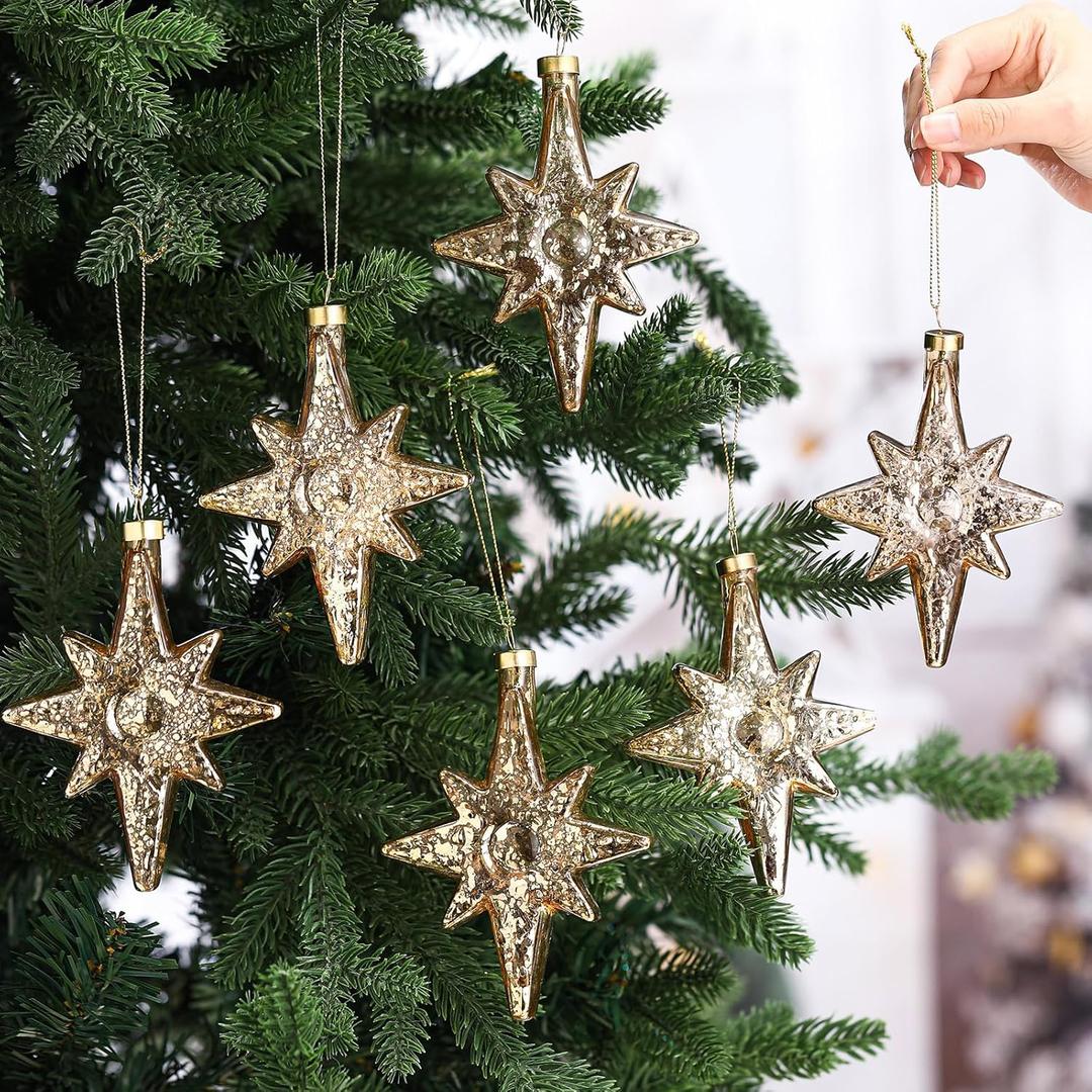 Leinuosen 6 Pcs Christmas Glitter Glass Star of Bethlehem 5 x 4 Inch Blown Glass Decorative Hanging Ornaments for Christmas Tree Xmas Party Decorations Holiday(Gold)