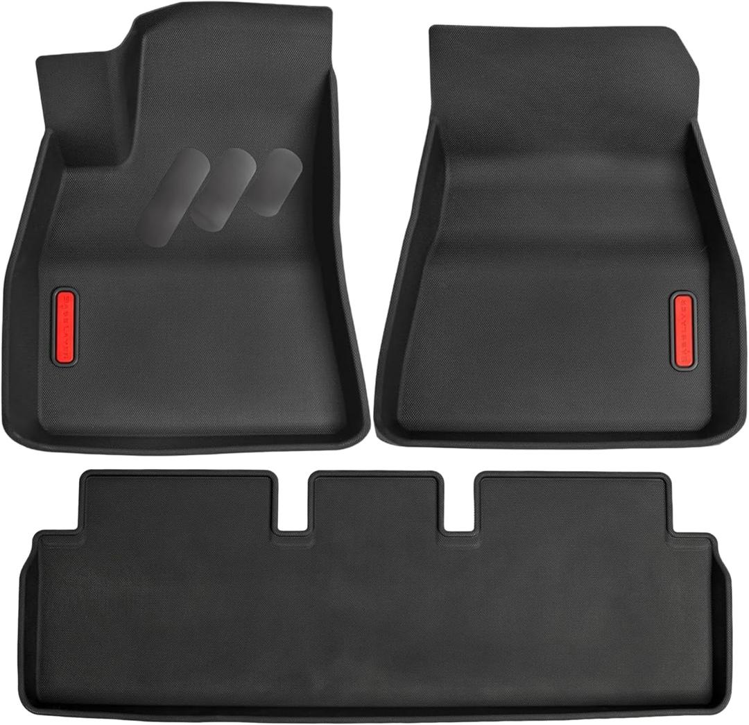 BaseLayer Alfombrillas para Tesla Model 3 (2017-2025) Highland, fabricadas en Estados Unidos, alfombrillas prmium para todo tipo de clima, delanteras y traseras (logotipo rojo)