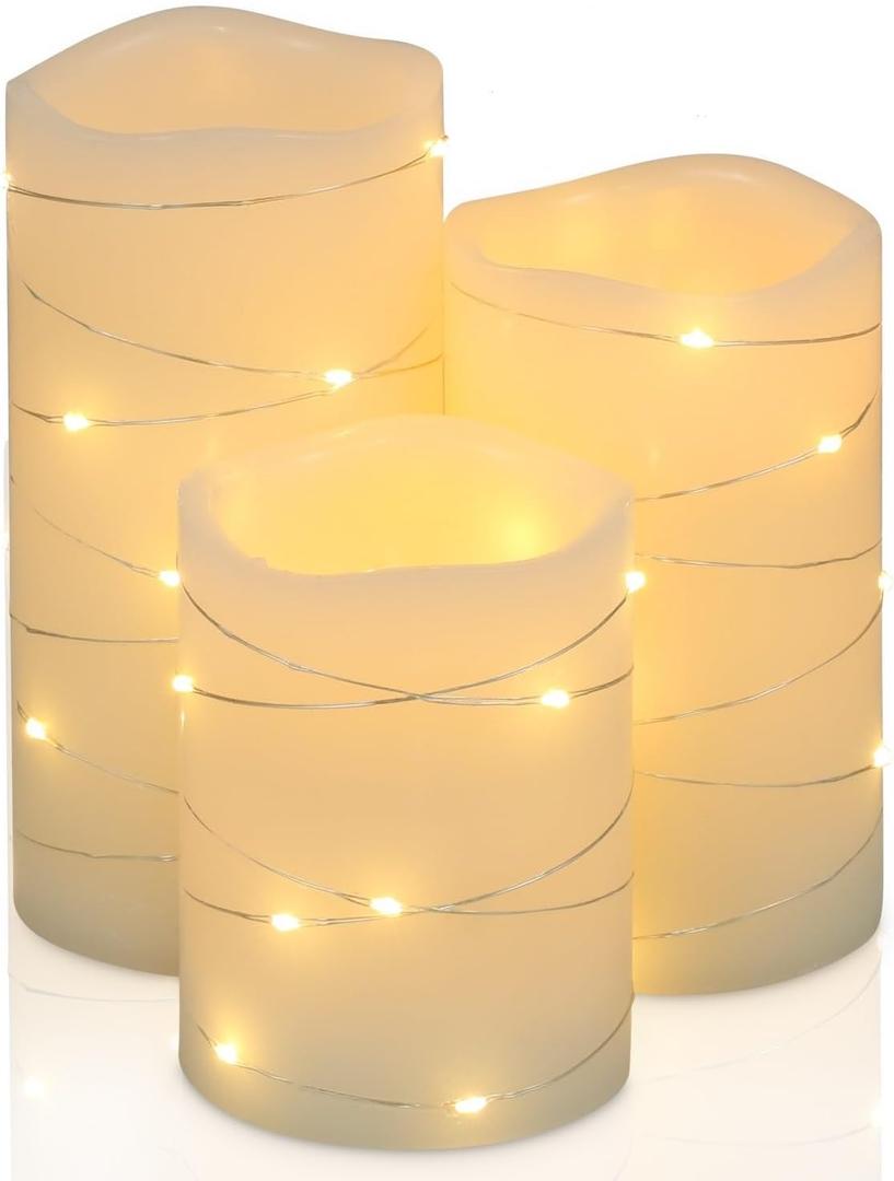H-BLOSSOM Flickering Flameless Candles Ivory Real Wax Pillar with Embedded String Lights LED Candles Battery Operated with Cycling 5H Timer Set of 3 (3" x 4"/ 5"/ 6") (Ivory)