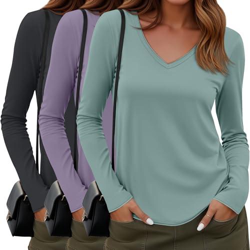 Sweetyweee 3 Pack Women's Long Sleeve Shirts Cotton V Neck Casual Tops Roll Hem Lightweight Basic Tee Soft 2026 Trendy Outfit(Gray Green, Lavender, Dark Gray,X-Large)