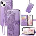 for iPhone 15 Case Wallet for Women,Flip Folio Cover with Butterfly Embossed PU Leather Stand Card Holder Slots Protective Phone Case 6.1 Inch (Lavender)