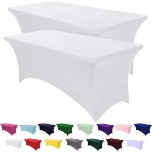 Spandex Table Cover 2 Pack 6FT White Fitted Tablecloths,Washable Wrinkle Resistant Stretch Table Cloth Rectangle for Party Hosting Supplies,Wedding Decorations,Vendor Display,Banquet