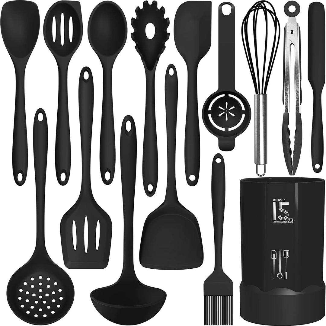 Silicone Cooking Utensils Set - 446F Heat Resistant Kitchen Utensils,Turner Tongs,Spatula,Spoon,Brush,Whisk,Kitchen Utensil Gadgets Tools Set for Nonstick Cookware,Dishwasher Safe (BPA Free) (Black)