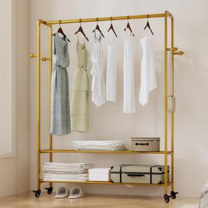 Heavy Duty Clothes Rack, 47.2" Wide Metal Garment Rack,Standing Rolling Clothing Rack for Hanging Clothes with Sturdy Wheels & Shelves,Wardrobe Rack for Coats, Shirts, Dress (gold)