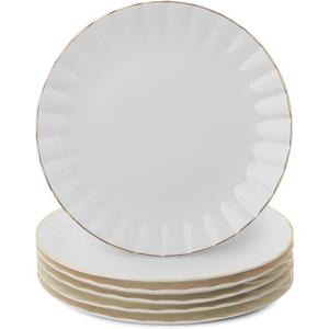 BTaT- Porcelain Dinner Plates With Gold Trim, 10.5 Inch, Set of 6, White Plate Set, Bulk