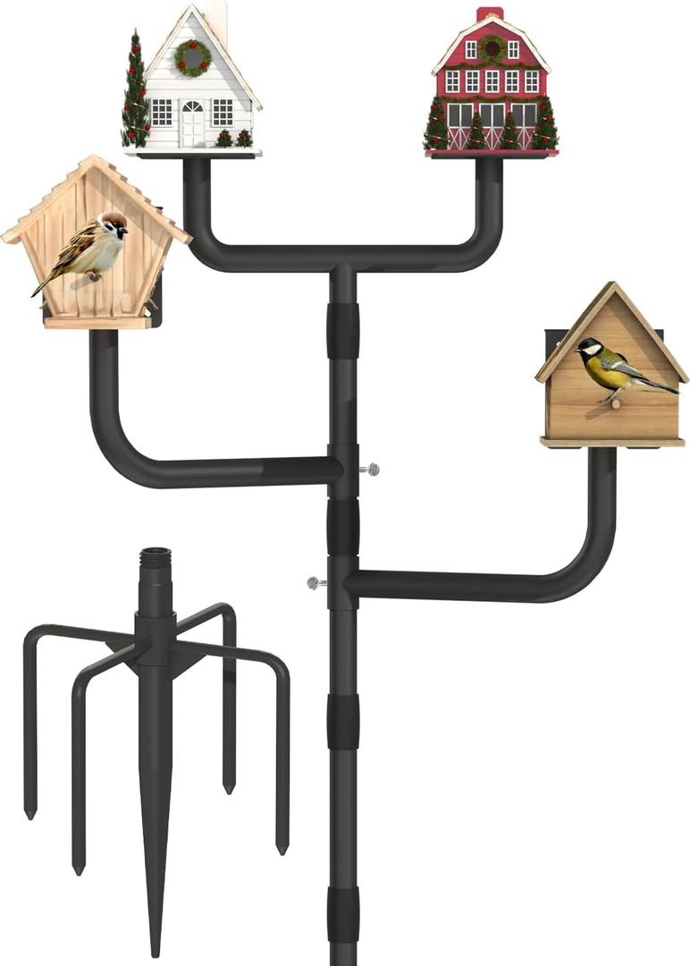 Garbuildman Upgraded Smart Bird Feeder Pole for 4 Birdhouses with Reinforced 5-Prong Base, Adjustable Birdhouse Pole for Outdoors, 4-in-1 Bird Feeder Stand Mounting Kit for Wild Birds Watching, Black