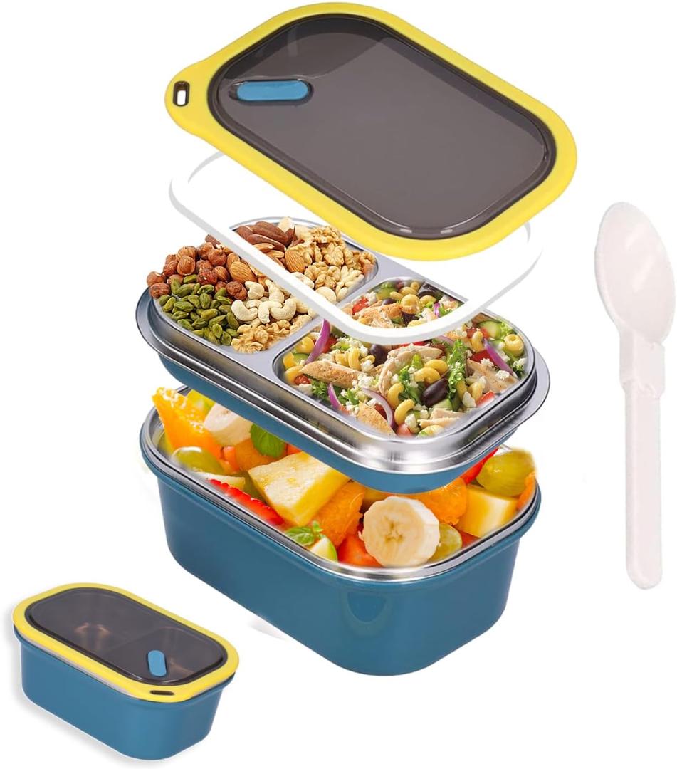 Niiyen Lunch Box 1200ml 2 Layers Food Lunch Containers with Spoon Portable Adult Bento Lunch Box Food Storage Bowl for School Office Outdoor Travel (Blue)