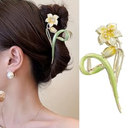 HIFANMM Flower Hair Clips Metal Alloy Hair Accessories for Women Girls, Yellow Lily Hair Claw Clips Pearls Cute Fashion Spring Summer Hairpins Shark Strong Hold Non Slip Large Jaw Clip 1 Pcs