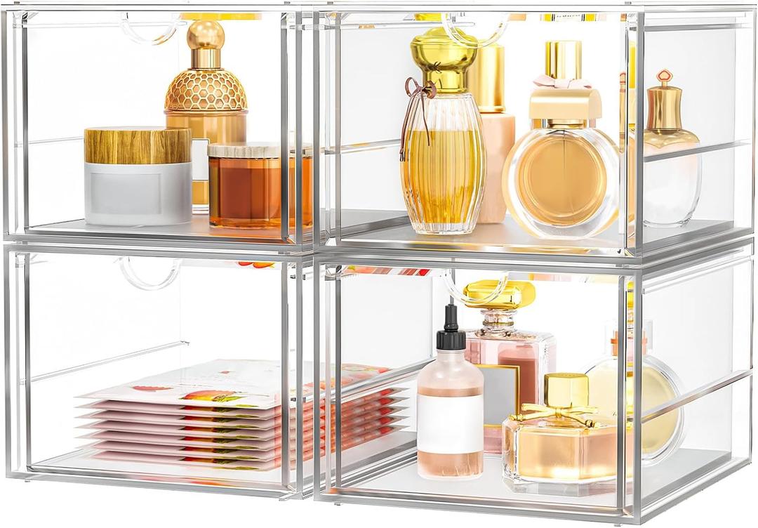 caktraie Versatile Acrylic Makeup Organizer, Drawer Organizer - Transparent Desktop Storage for Cosmetics, Office Supplies & More - Clear Organizer for Home & Office Use, 4 Drawers