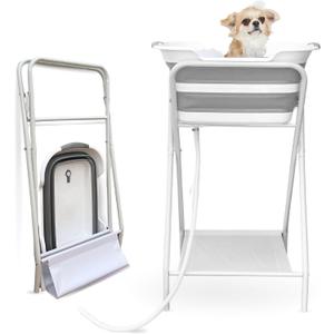 CYGNE 2-in-1 Dog Bathtub & Washing Station, Elevated Collapsible Bathtub with Drainhole & Storage Rack, Foldable Portable Indoor/Outdoor Pet Bathing & Grooming for Small Dogs Cats