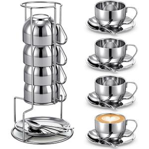 4 Pack Stainless Steel Coffee Cup Set 6 oz Espresso Cups Coffee Mugs with Spoons, Saucers and Metal Stand for Drinks, Latte, Tea, Milk(180 ml)