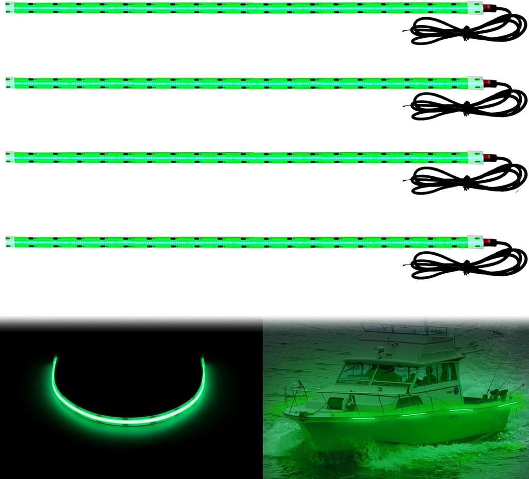 Obcursco Marine LED Strip Lights, 20-Inch 12V COB LED IP68 Waterproof Interior and Deck Lighting for Kayak, Jon Boat, Fishing Boat, Pontoon, and Marine Use (4 PCS, Green)