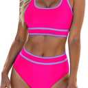 Blooming Jelly Womens High Waist Bikini Sets Sporty Color Block Two Piece Swimsuits Scoop Neck Cheeky Bathing Suits (X-Large, Hot Pink)