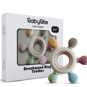 3 x [BabyBite] Teethers Silicone and Beechwood Animal Teether for Sensory and Developmental Play for Baby and Toddler 100% BPA Free Food Grade Silicone, Beige
