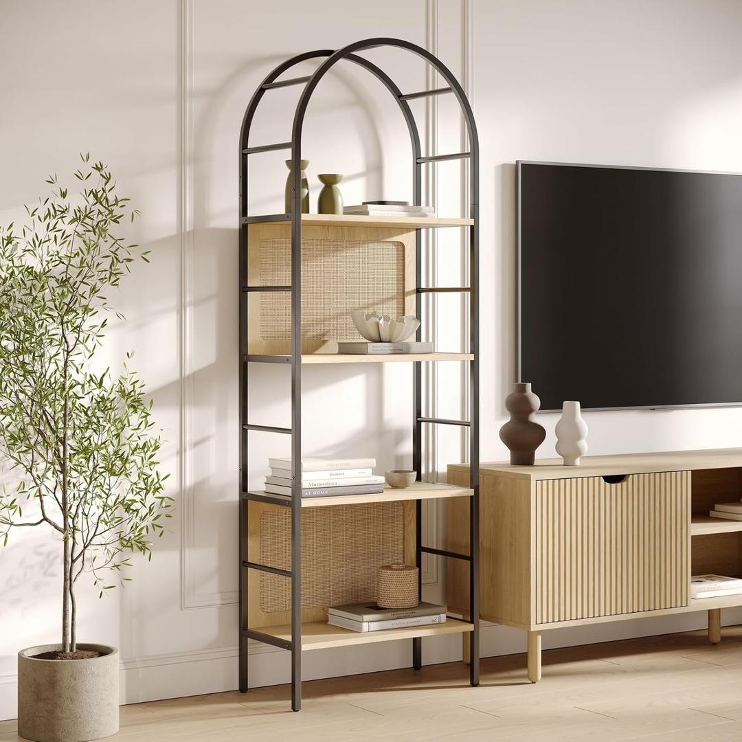 4-Tiered Arched Book Shelf - Light Oak & Natural Rattan, Metal Frame - Industrial Arched Bookcase & Fluted Bookshelf