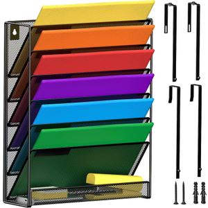 7-Tier Wall Hanging File Organizer Cubicle Hanging Organizer Mount File Holder, Mesh Magazine Document Mail Organizer Wall Organizer for Office School Home, Black
