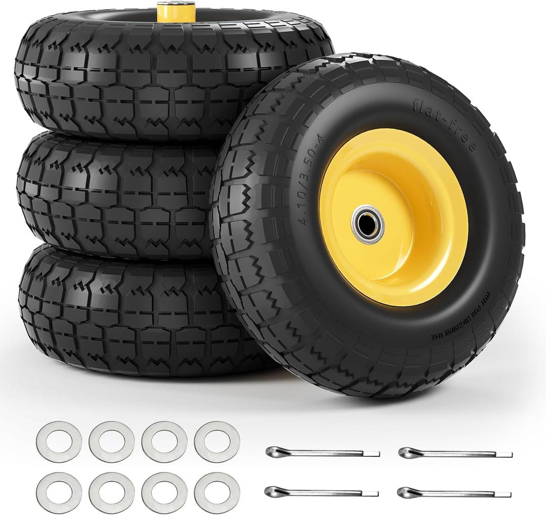 4.10/ 3.50-4 Tire and Wheel Flat Free, 10" Air Less Tires Wheels with 5/ 8" Center Bearings, 4.10/ 3.50/ 4 tires for Hand Truck/ Trolley/ Garden Utility Wagon Cart/ Wheelbarrow/ Generator, 4 Pack