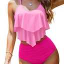 Womens Tankini Swimsuits Ruffled Tank Top Tummy Control Floral Modest Swimwear High Waisted Bikini S