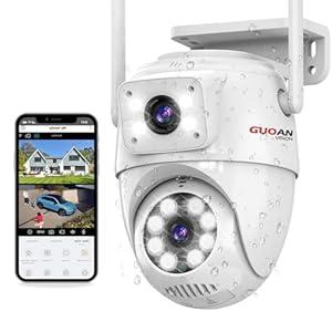 GUOANVISION 【Dual Lens Linkage】 Wireless Security Cameras Outdoor, 6MP WiFi PTZ Security Camera, 360°View, IP66 Waterproof, Human Detection&Tracking, Light Alarm, Night Vision, 24/ 7 Record, CORDED POWER