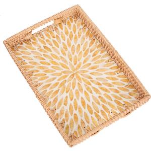 Tynulox Rectangle Rattan Tray with Mother of Pearl Inlay, Rattan Serving Tray with Handle for Coffee, Bread, Fruits, Snacks, Decorative Wicker Tray for Table Decor (Rectangle Amber Leaf, 13"9")