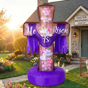 Blueweenly 4ft Easter Inflatables Outdoor Decorations He is Risen Blow up Cross Yard Decorations for Easter Christian Religious Yard Garden Lawn Party