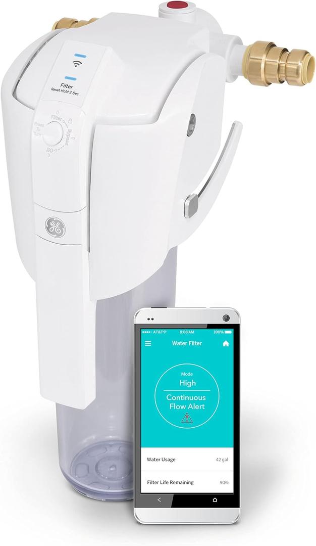 GE Whole House Water Filtration System (GXWH70M), Smart Connected with Leak Detection & Remote Water Shutoff, Reduces Sediment, Rust & More, Install Kit Included, Filter Not Included