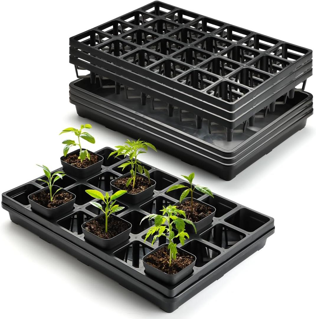 24 Cell Nursery Pots Trays (17"x11"x2") with Plastic Flat Seed Starter Trays, Durable Carrying Seedling Starter Tray, Reusable Planting Trays for Holding 2.7 inch Nursery Pots, 3 Sets Combo (Pot Trays + Flat Trays-3P, Black)