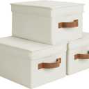 StorageWorks Storage Bins with Lids, Decorative Storage Boxes with Lid and PU Handles, Foldable Storage Baskets for Closet, Shelves, Stackable, Ivory, Medium, 3-Pack