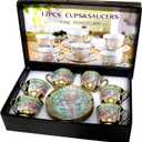 6 Sets 3 OZ Porcelain Coffee Cup and Saucers, Small Juice Cup & Saucer Pot with Gift Box, Uniform Creamer Milk Pull Flower Frothing Pitchers Ceramic Ware with Handle - Green