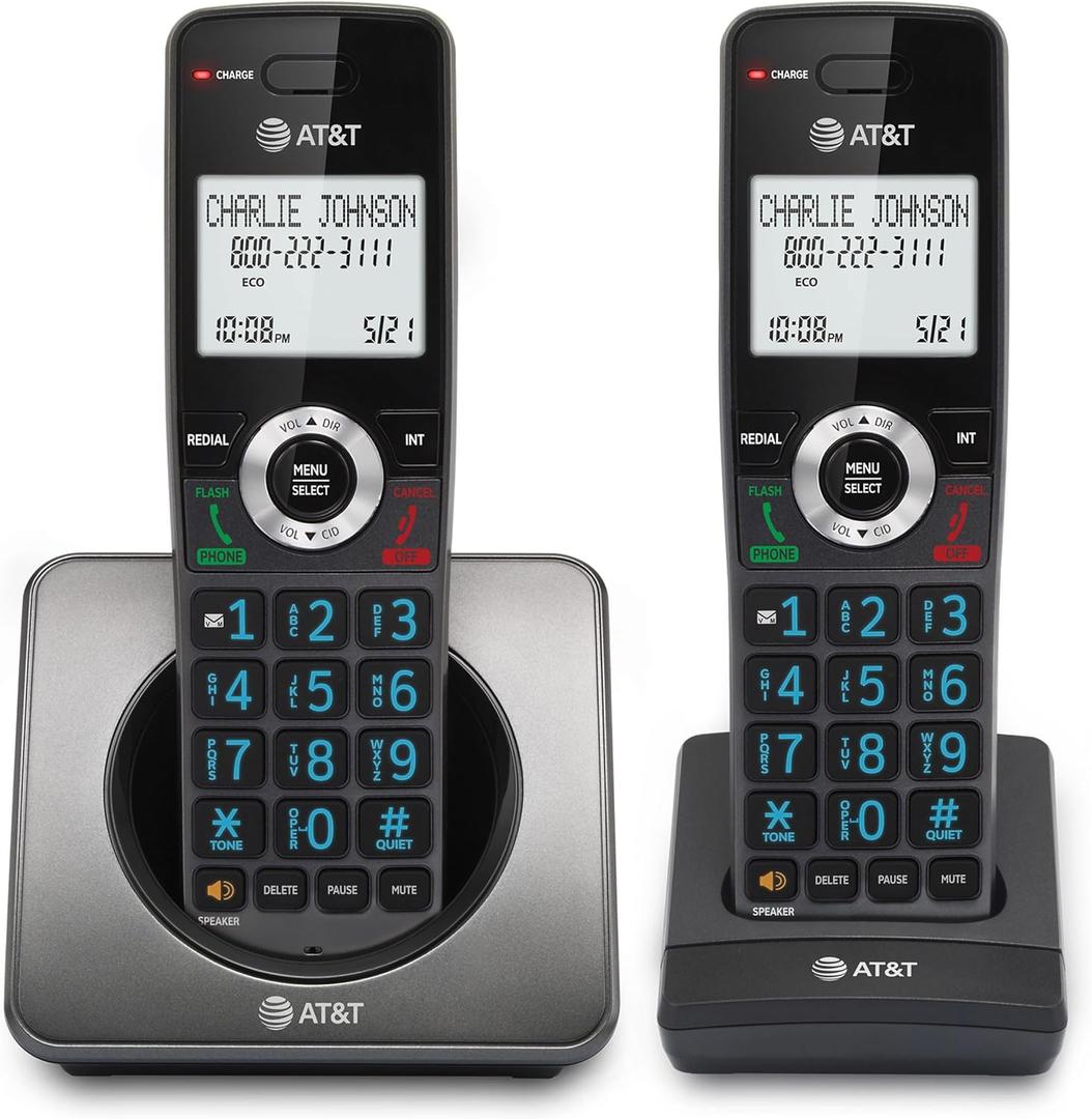 AT&T GL2101-2 DECT 6.0 2-Handset Cordless Phone with Call Block & Caller ID - Full-Duplex Handset Speakerphone, 2" White Backlit Display, Lighted Keypad, Graphite & Black