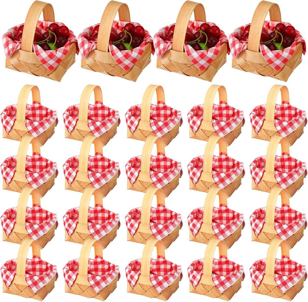 Geelin 36 Pcs Mini Woven Basket with Handle and Red White Gingham Paper Napkins Wood Chip Mini Flower Fruit Picnic Basket Chip for Easter Spring Wedding Party Gift Decoration (Small)