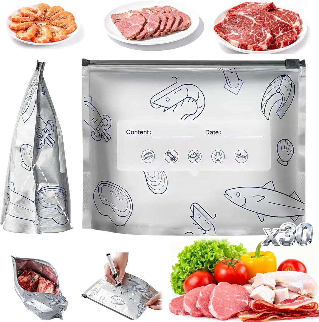 2 x EMESAK Reusable Aluminum Foil Sealable Storage Bags, Leak Proof Stand Up Freezer Bags With Zipper Lock Label for Food Preservation Vegetables Fruit,Meat,Snacks,Bread,Seafood (30PCS, Medium) (Grey-large-30)