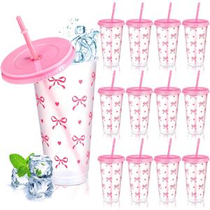 12 Pcs Pink Bow Plastic Cups with Lids and Straws 24 oz Reusable Coquette Bow Tumbler Aesthetic Drinking Coffee Cup for Women Birthday Wedding Bridal Shower Party Supplies