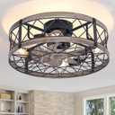 24" Farmhouse Caged Ceiling Fans with Lights Flush Mount, Rustic Low Profile Ceiling Fan with Light and Remote, Quiet Reversible DC Motor Bladeless Enclosed Ceiling Fan for Bedroom Kitchen Dining Room