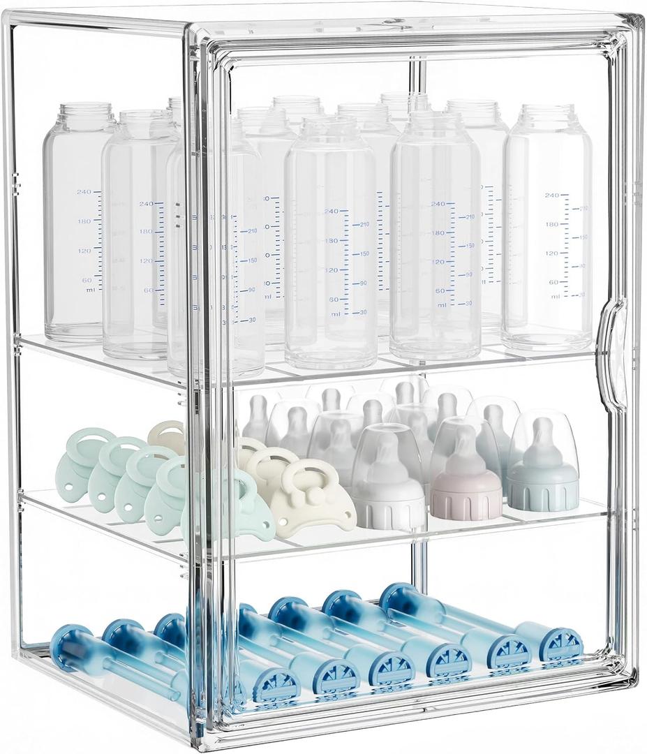 HBlife Baby Bottle Storage Organizer for Countertop Cabinet, 3 Tiers Adjustable Clear Acrylic Bottles Storage Station Case Box Container with 2 Removable Dividers and Magnetic Door, X-Large