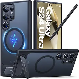 TORRAS Strong Magnetic & Seamless Stand for Samsung Galaxy S24 Ultra Case, Fit for MagSafe, MilGrade Drop Protection, Kickstand for Samsung Galaxy S24 Ultra Case, Translucent Back/Black Edge