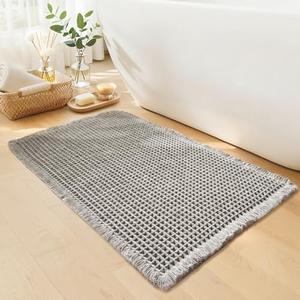 GRLYUH Waffle Bath Mat - Boho Bathroom Rugs Non Slip Washable, Super Absorbent & Quick Dry, Small Bath Mats Farmhouse Bathroom Decor, 18'' x 30'', Light Grey