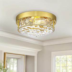 Polished Gold 12" Ceiling Fixture  Hammered Glass, Farmhouse-Inspired Flush Mount for Bedroom, Living Room, or Dining Area - CKCL4822-2W-HGPG