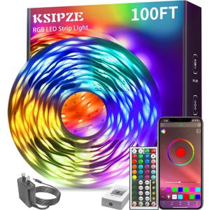 KSIPZE 100ft Led Strip Lights RGB Music Sync Color Changing Bluetooth Led Lights with Smart App Control Remote Led Lights for Bedroom Room Lighting Flexible Home Dcor