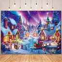 Christmas Village Photography Backdrop North Pole Snow Village Photo Backdrop Winter Night Xmas Tree Santa Party Decorations Holiday Photo Booth Banner (8x6FT)