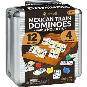 Mexican Train Dominoes Set with 4 Holders - Dominoes Double 12 with Wooden Hub and Tiles Holders - Double 12 Dominos Set for Family Game Night for Adults and Kids Ages 8 and up (D12 + 4 Holders)