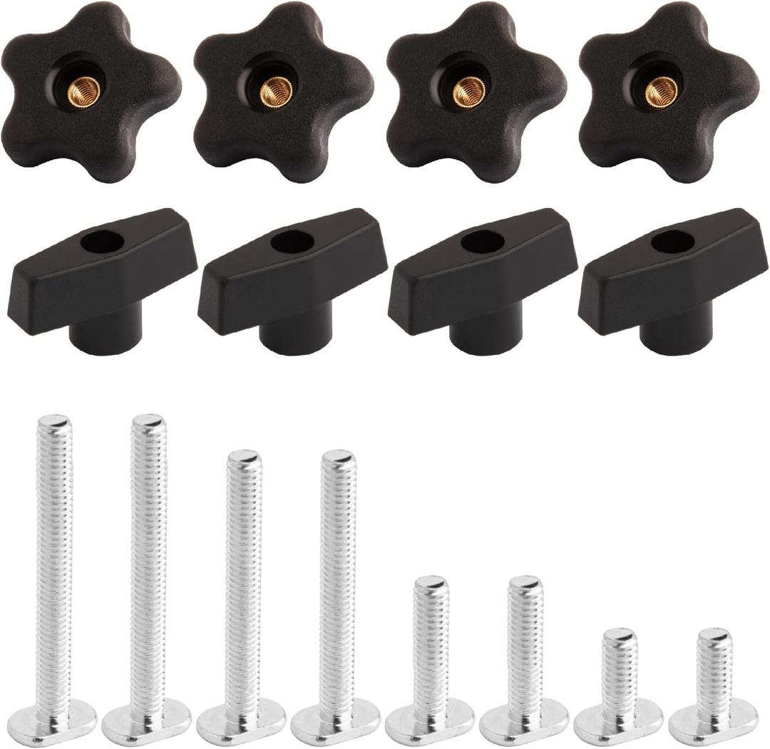 POWERTEC 71121 T Track Knob Kit w/ Threaded Knobs and 5/16-18 T Slot Bolts, 16-Piece Set, T Track Accessories for Woodworking Jigs and Fixtures