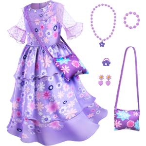 Purple Princess Costume Dress for Girls Birthday Halloween Party Dress Up with Bag Necklace Earrings Ring, Kids 130