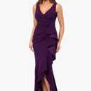 Betsy & Adam Women's V-Neck Hi Low Sleeveless Floor Length Cascade Dress with Draped Ruffle, Mulberry, 14
